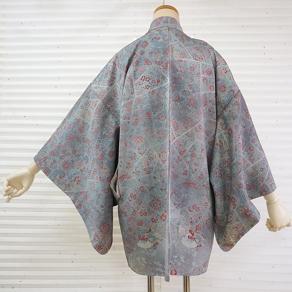 Vintage Haori Kimono Jacket Silk, Greyish Blue base, Floral Motifs