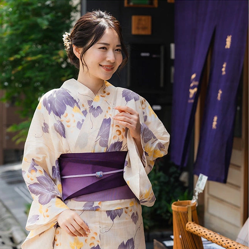 Women's Cotton Yukata, Casual Summer Kimono -Beige Base with Blown and yellow Grapes and Vines
