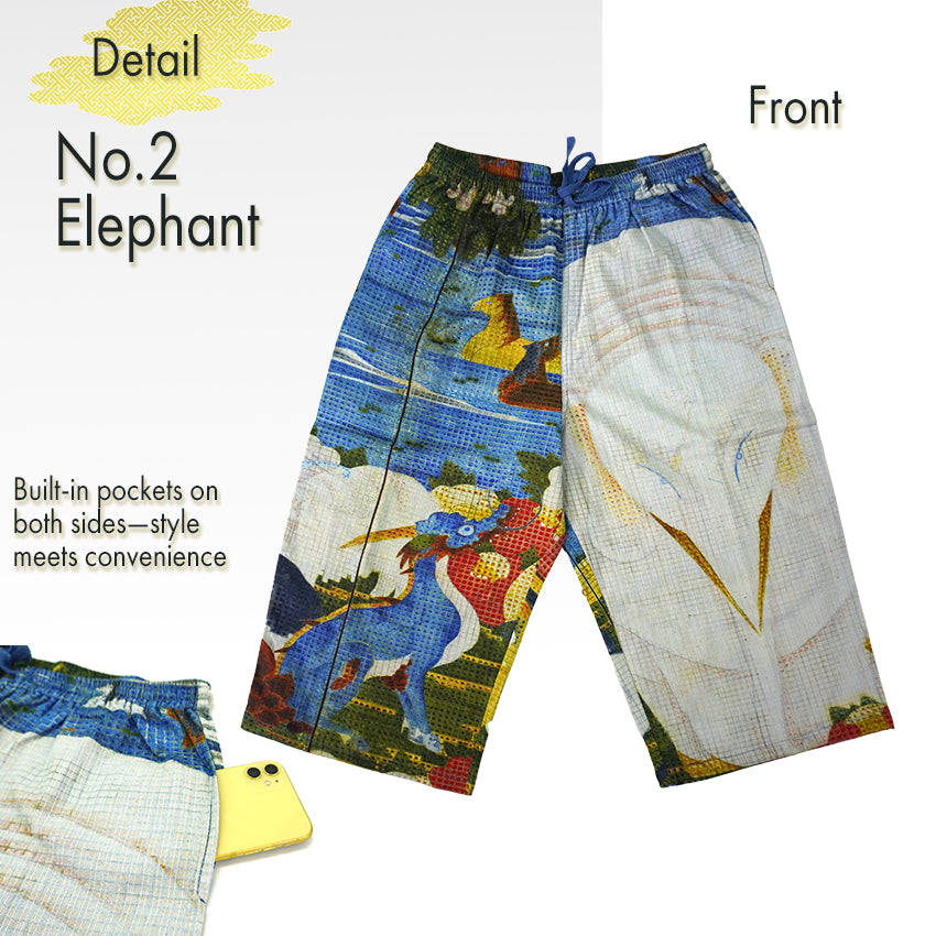 Men's Japanese Art Print Cotton Pants – Wind Gods , Elephant(artwork by Edo-period painter Ito Jakuchu) , Kabuki  pattern