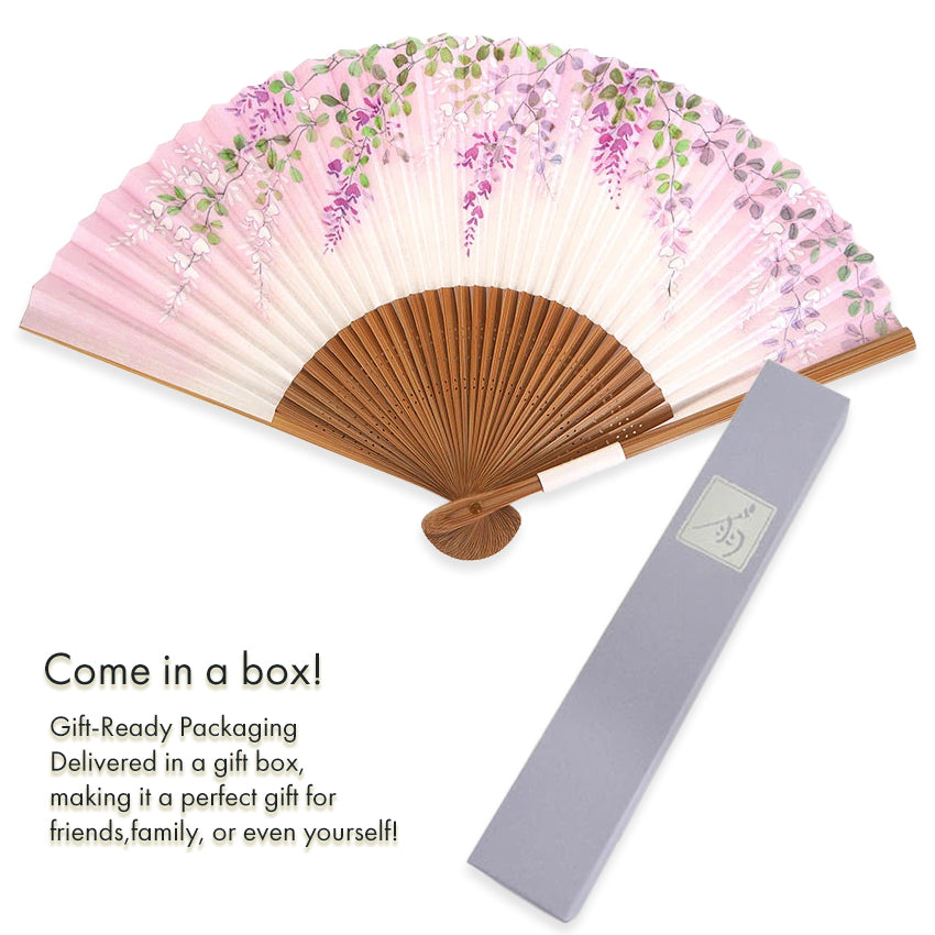 Folding Hand Fan for Lady's ,Surface Paper, Bamboo Frame, White/Pink Gradation base with Flower Bush Clover