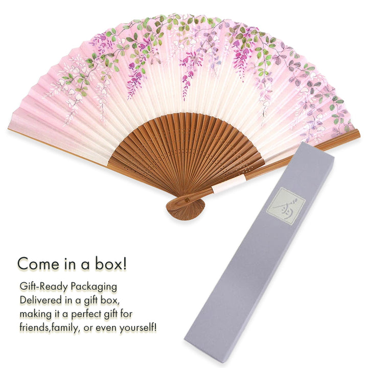 Folding Hand Fan for Lady's ,Surface Paper, Bamboo Frame, White/Pink Gradation base with Flower Bush Clover
