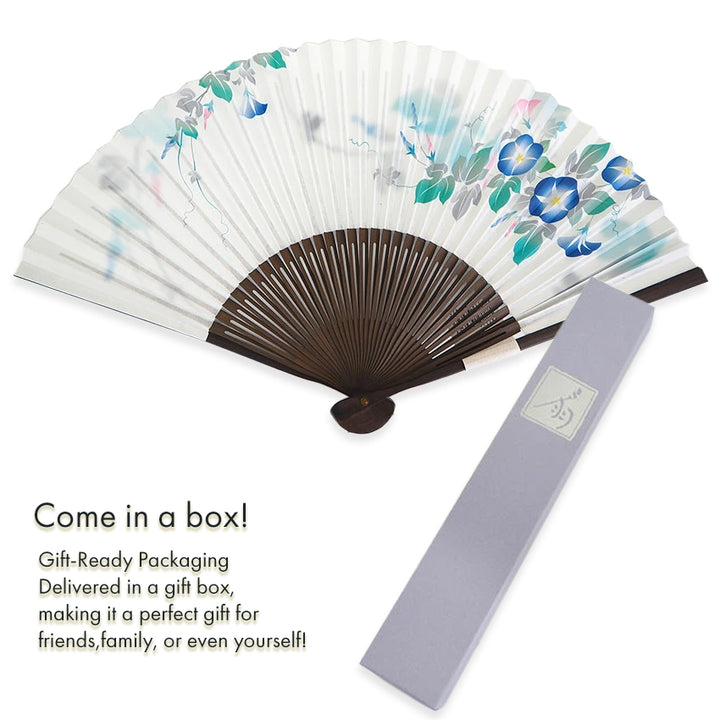Folding Hand Fan for Lady's ,Surface Paper, Bamboo Frame, White base with Flower, Morning Glories