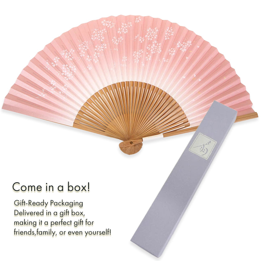 Folding Hand Fan for Lady's ,Surface Paper, Bamboo Frame, Pink base with Cherry Blossom Branches
