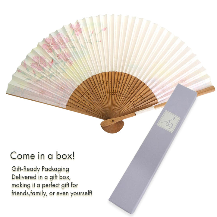 Folding Hand Fan for Lady's ,Surface Paper, Bamboo Frame, White/Cream Gradation base with Flower, Pink Dianthus