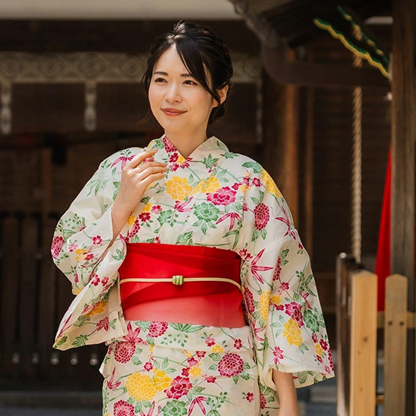 Women's Cotton Yukata, Casual Summer Kimono -Light Beige Base with Pink and yellow Autumn leaves and chrysanthemums