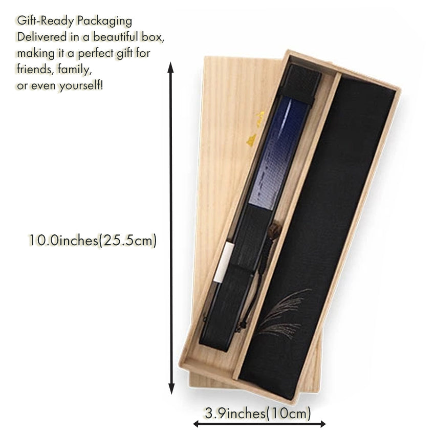 Folding Hand Fan for Men,Surface Cotton ,Bamboo Frame, Navy, pale gray gradation  base, pampas grass and hazy moon design