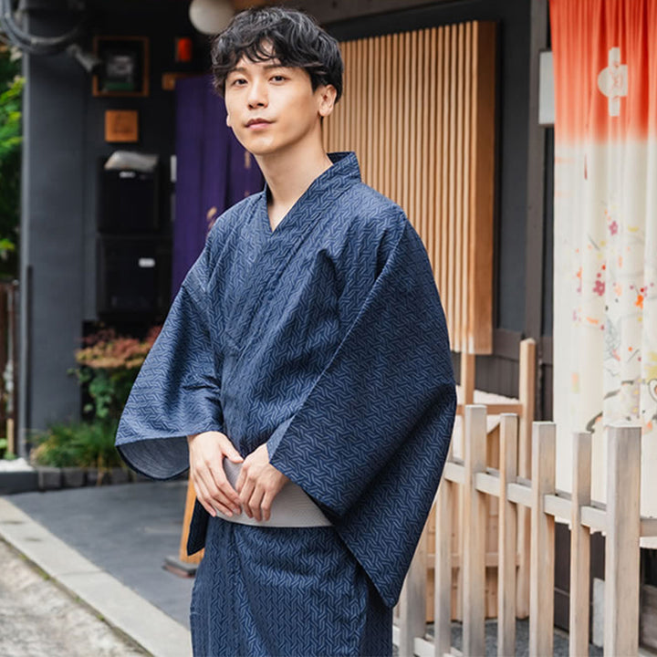 Men's Yukata Cotton : Navy with Geometric Stripes Yukata