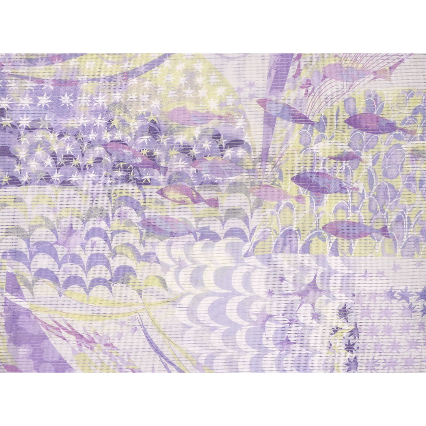 Lightweight Cotton Yukata for Women, Lavender and Light yellow tones base, Waves, shells and fish pattern – Inspired by Kaneko Misuzu’s Poetry, Summer Japanese Kimono Robe