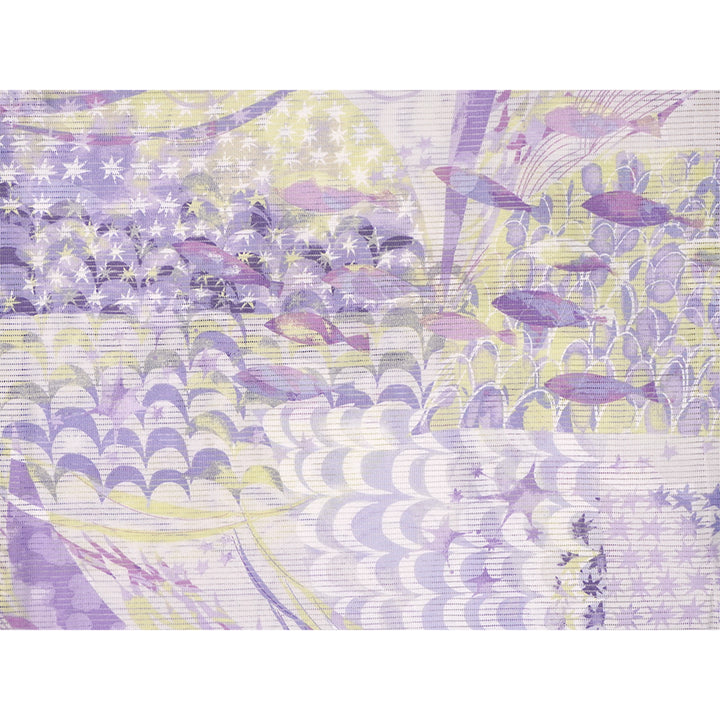 Lightweight Cotton Yukata for Women, Lavender and Light yellow tones base, Waves, shells and fish pattern – Inspired by Kaneko Misuzu’s Poetry, Summer Japanese Kimono Robe