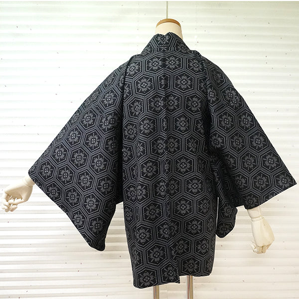 Vintage Haori Kimono Jacket Silk, Black base, Hanakikkō (Flower