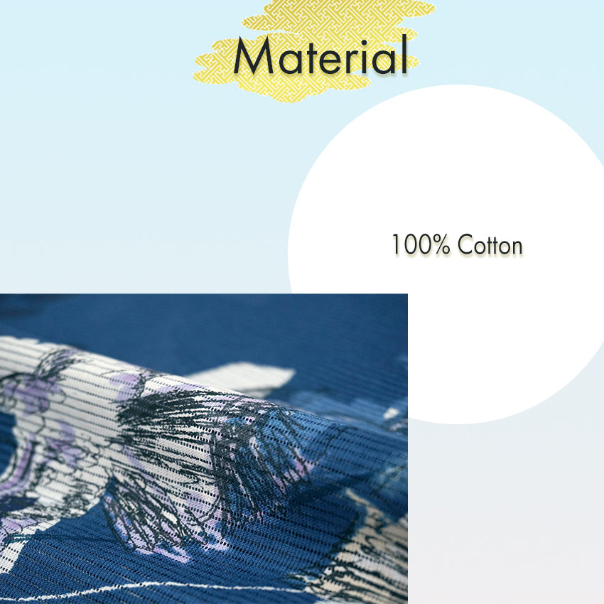 Lightweight Cotton Yukata for Women, Indigo base, Flowers Birds and leaves pattern– Inspired by Kaneko Misuzu’s Poetry, Summer Japanese Kimono Robe