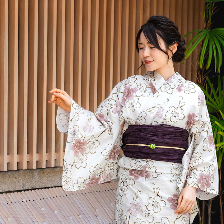 Women's Cotton Yukata, Casual Summer Kimono -Grayish white base with A graceful sakura (cherry blossom) motif featuring soft pink blooms