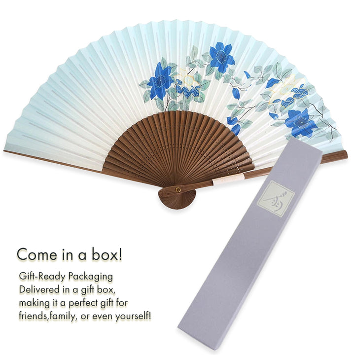 Folding Hand Fan for Lady's ,Surface Paper, Bamboo Frame, Pale Blue Gradation base with Flower, Clematis