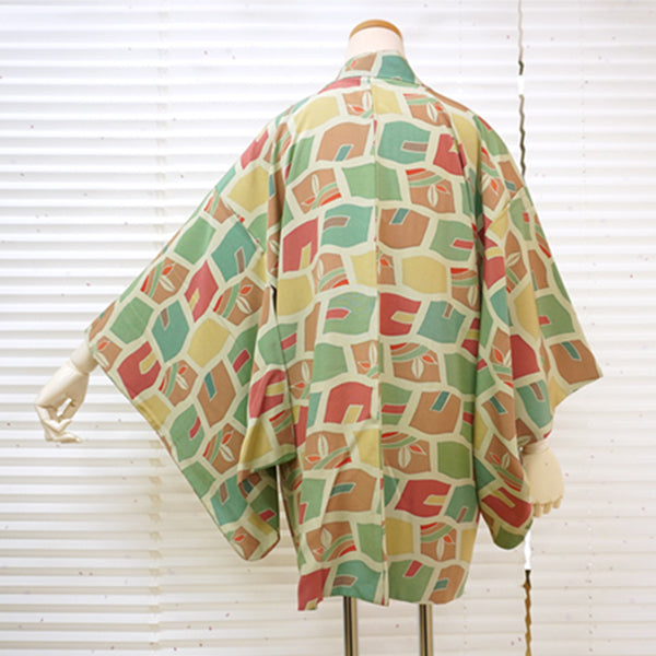 Vintage Haori Kimono Jacket Silk, Green base, Colorful Geometric Pattern