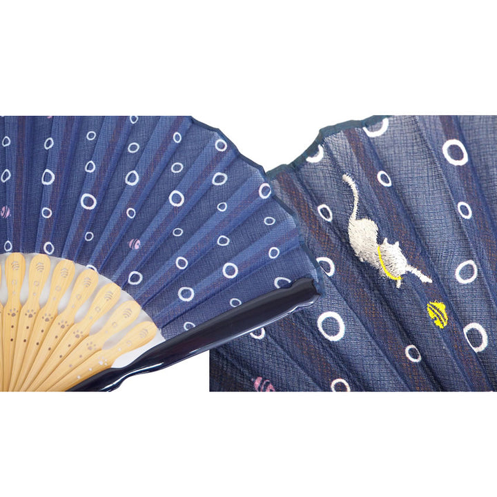 Folding Hand Fan for Lady's ,Surface Cotton, Bamboo Frame, Navy base with Circular Motifs and an Adorable Cat Design