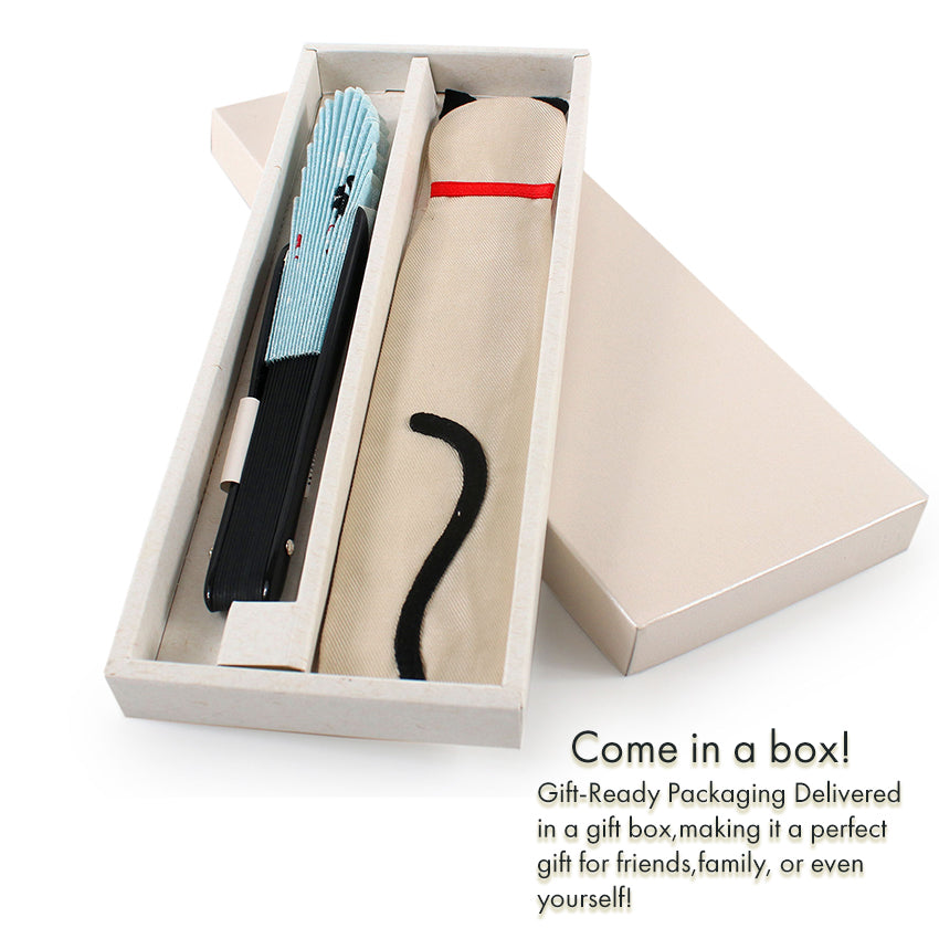 Folding Hand Fan for Lady's ,Surface Cotton, Bamboo Frame, Light Blue base with Cat peeking into a goldfish bowl