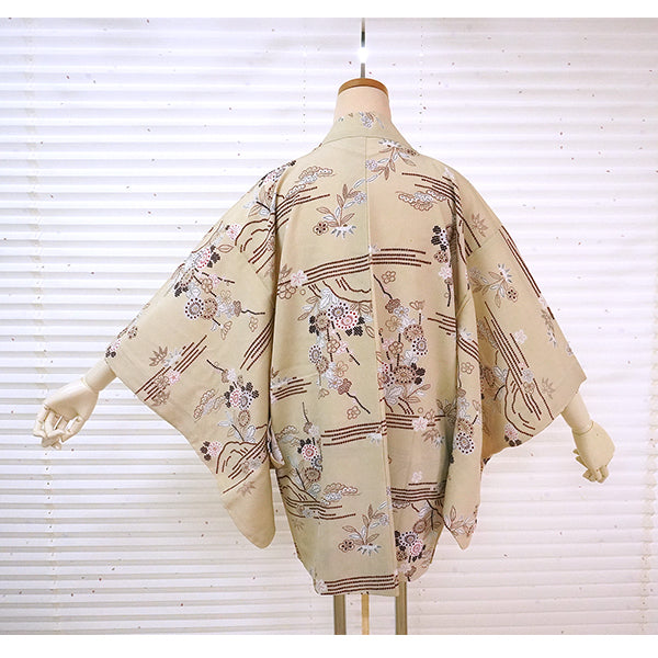 Vintage Haori Kimono Jacket Silk, Beige base, Pine, Bamboo, Plum & Chrysanthemums