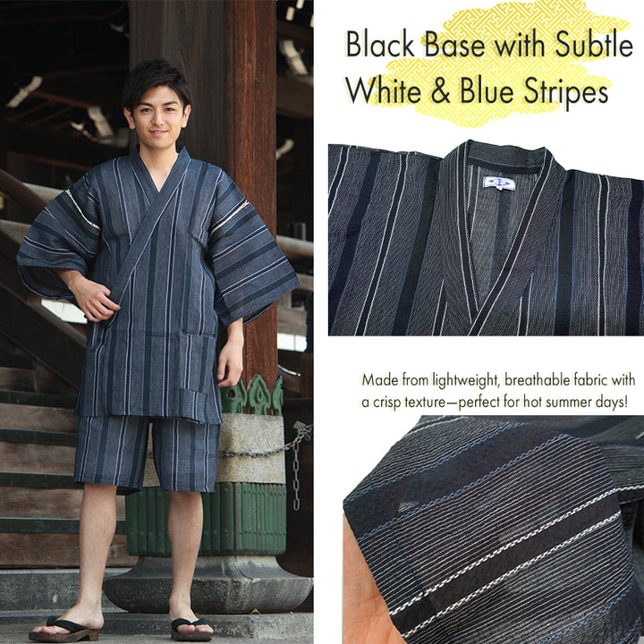 Men’s Cool & Comfortable Jinbei, Black Base with Subtle White & Blue Stripes – Lightweight Cotton ＆Linen Summer Loungewear, Sleepwear