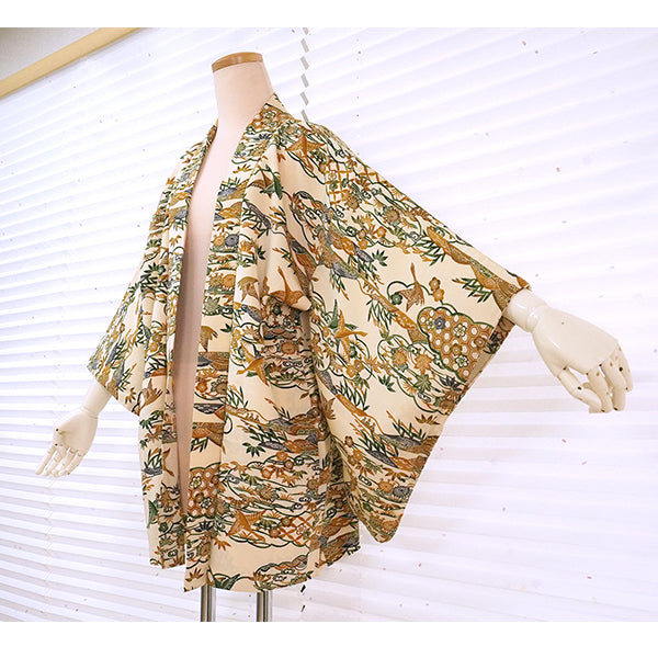 Vintage Haori Kimono Jacket Silk, Beige base, Plum Blossoms and Scenic Landscape