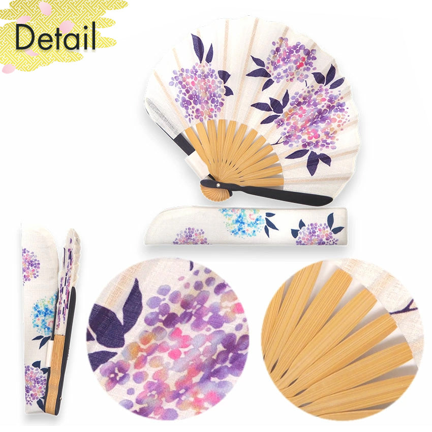 Folding Hand Fan for Lady's ,Surface Cotton, Bamboo Frame, White (off-white with gradations of wisteria purple, violet, and pink hydrangeas)