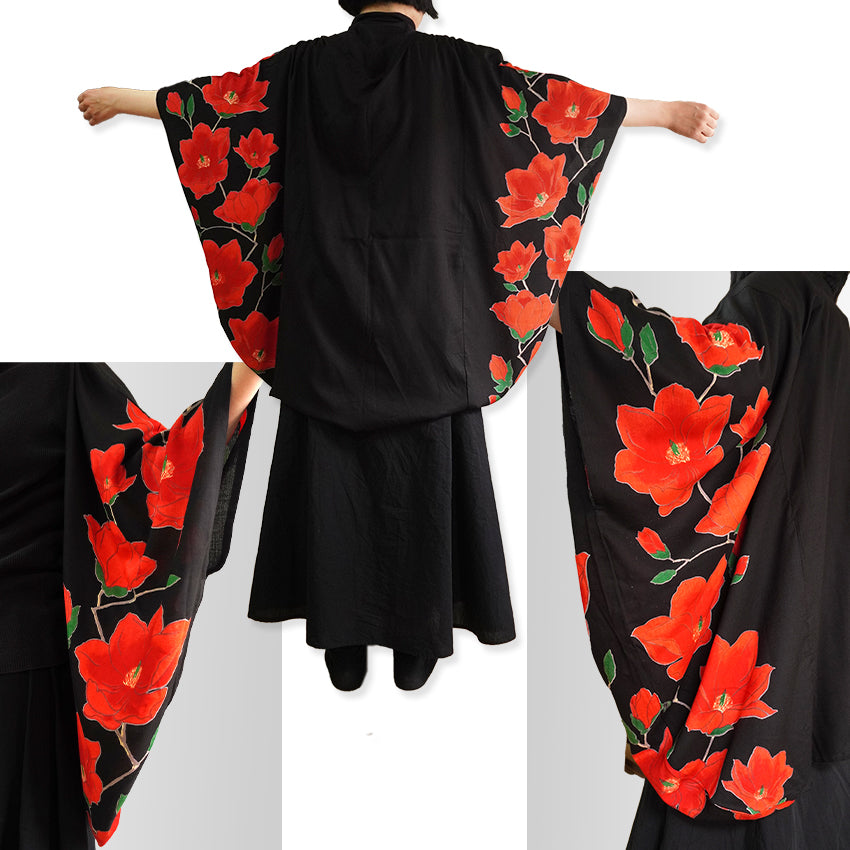 Lady's Haori , Kimono Cardigan -Black , White base – Magnolia pattern