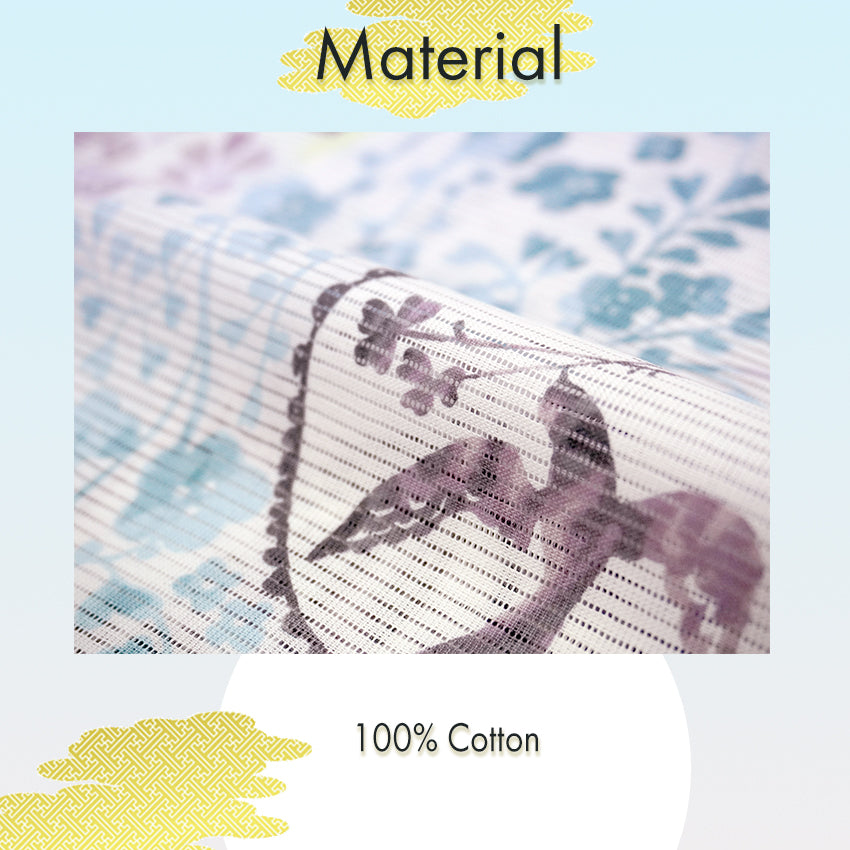 Lightweight Cotton Yukata for Women, soft Whites, Lavender base, Bird, Bell pattern – Inspired by Kaneko Misuzu’s Poetry, Summer Japanese Kimono Robe