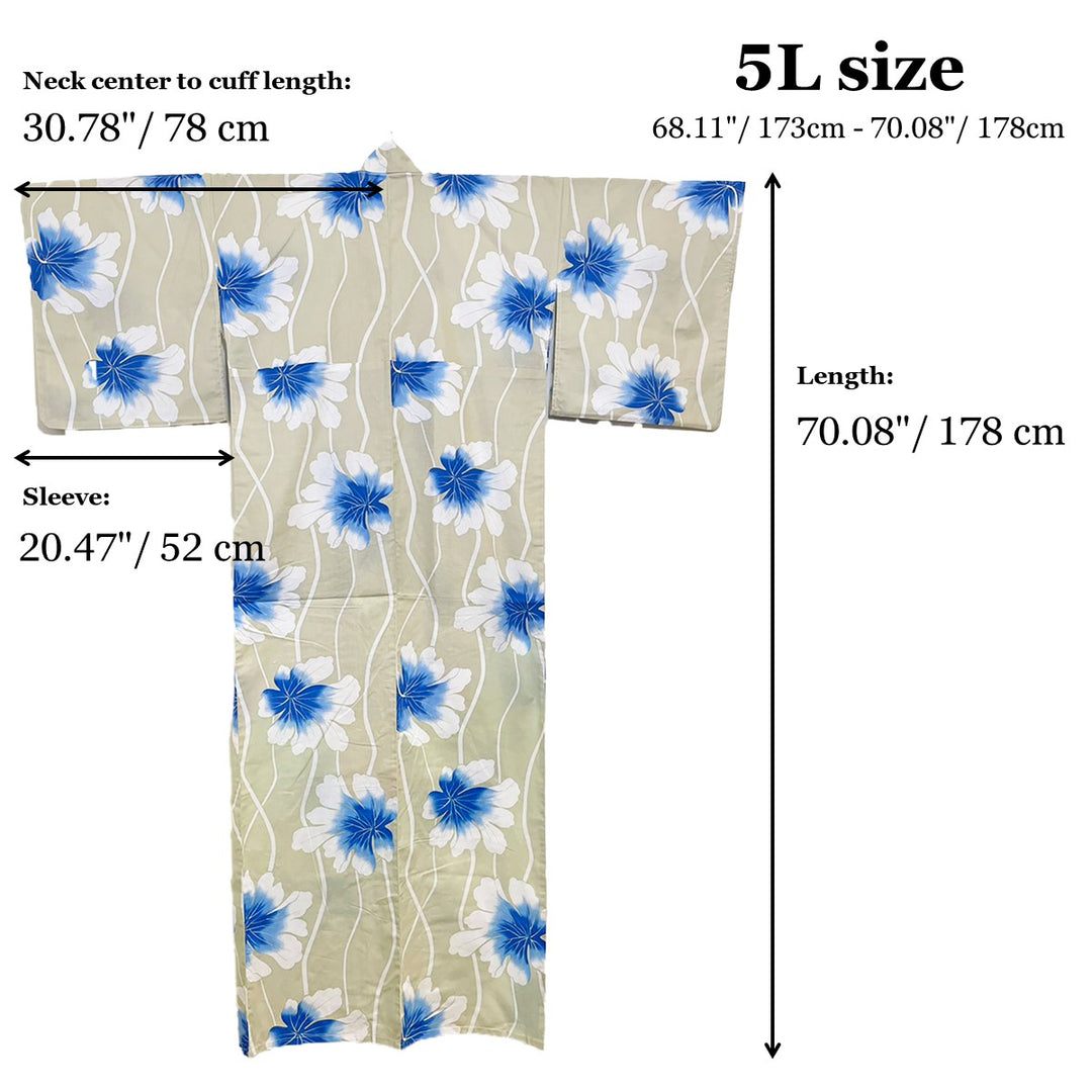 Women's Cotton Yukata, Casual Summer Kimono *5L - Cream, Blue Flowers