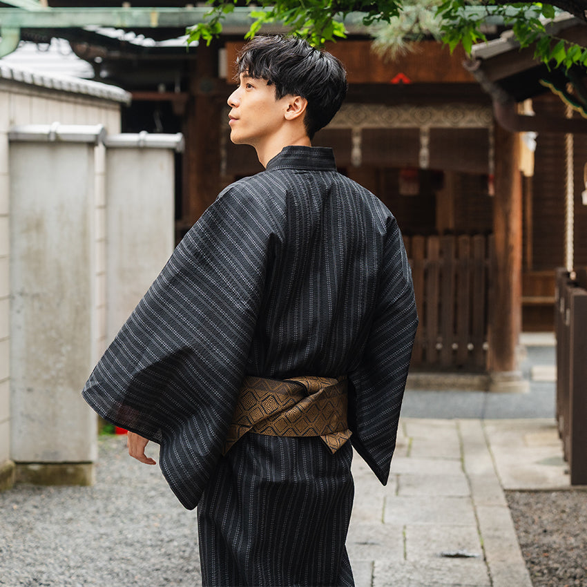 Men's Yukata Cotton & Linen : Black with Random Stripes Yukata