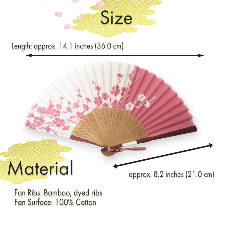 Folding Hand Fan for Lady's ,Surface Cotton, Bamboo Frame, Pink (white & deep pink with pinks and hidden rabbits, slightly sheer)
