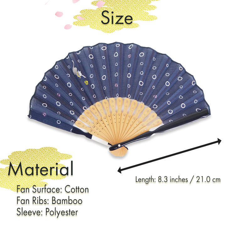 Folding Hand Fan for Lady's ,Surface Cotton, Bamboo Frame, Navy base with Circular Motifs and an Adorable Cat Design
