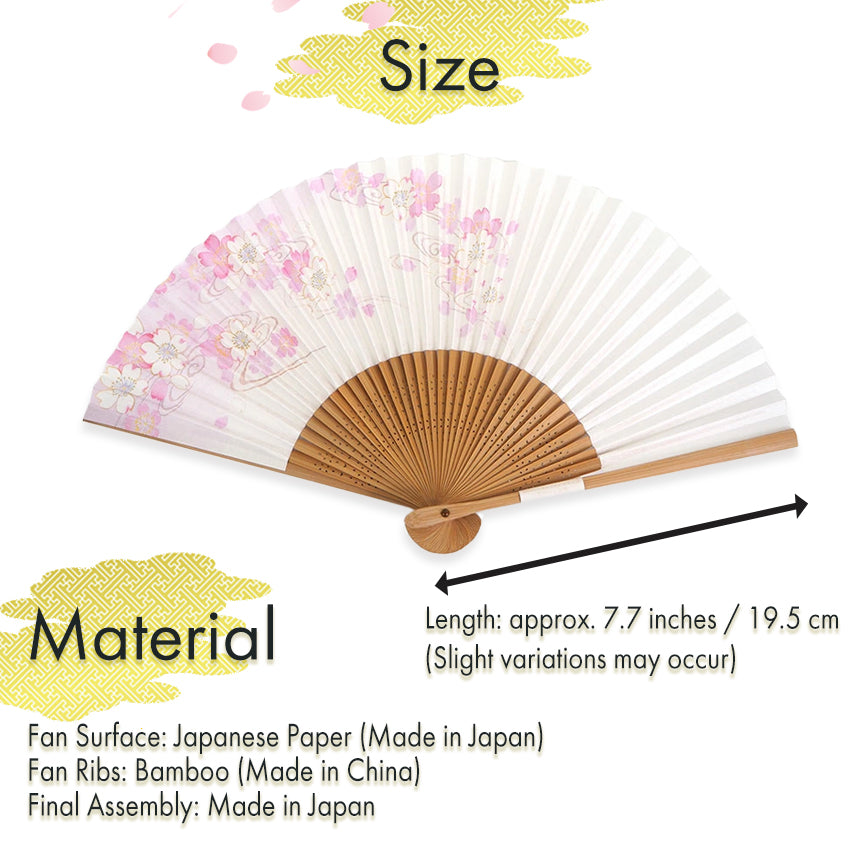 Folding Hand Fan for Lady's ,Surface Paper, Bamboo Frame, White base with Pink Flowing water & Cherry Blossoms pattrn