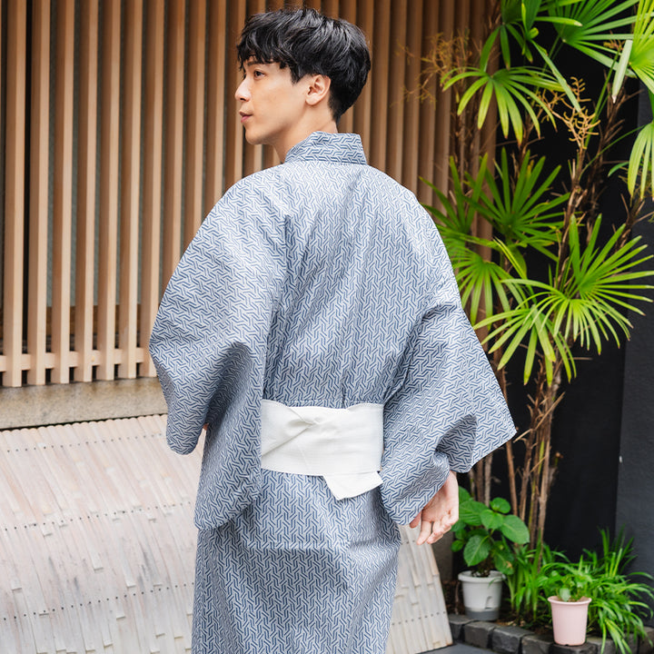 Men's Yukata Cotton : Blue-Gray with Geometric Design Yukata