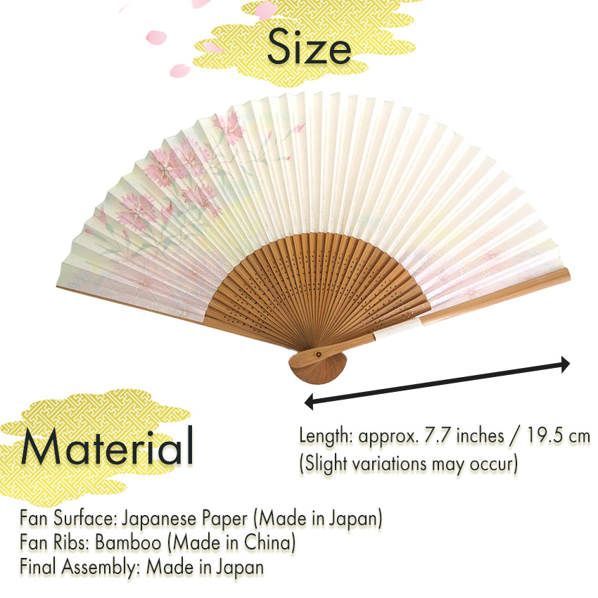 Folding Hand Fan for Lady's ,Surface Paper, Bamboo Frame, White/Cream Gradation base with Flower, Pink Dianthus