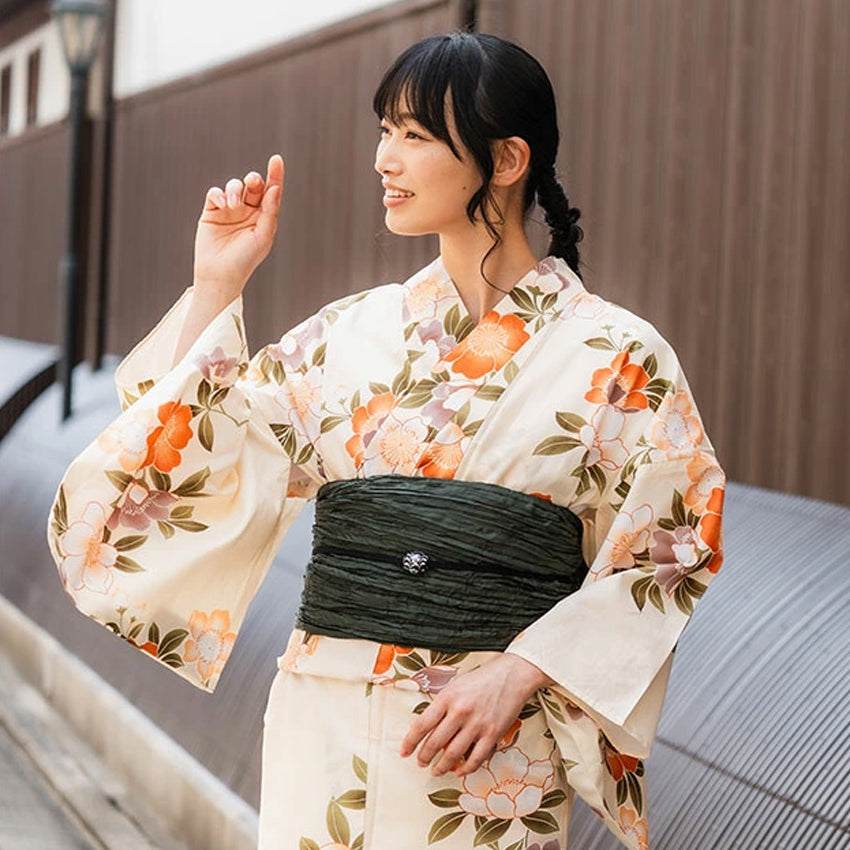 Women's Cotton Yukata, Casual Summer Kimono -Beige Base with Camellia Design