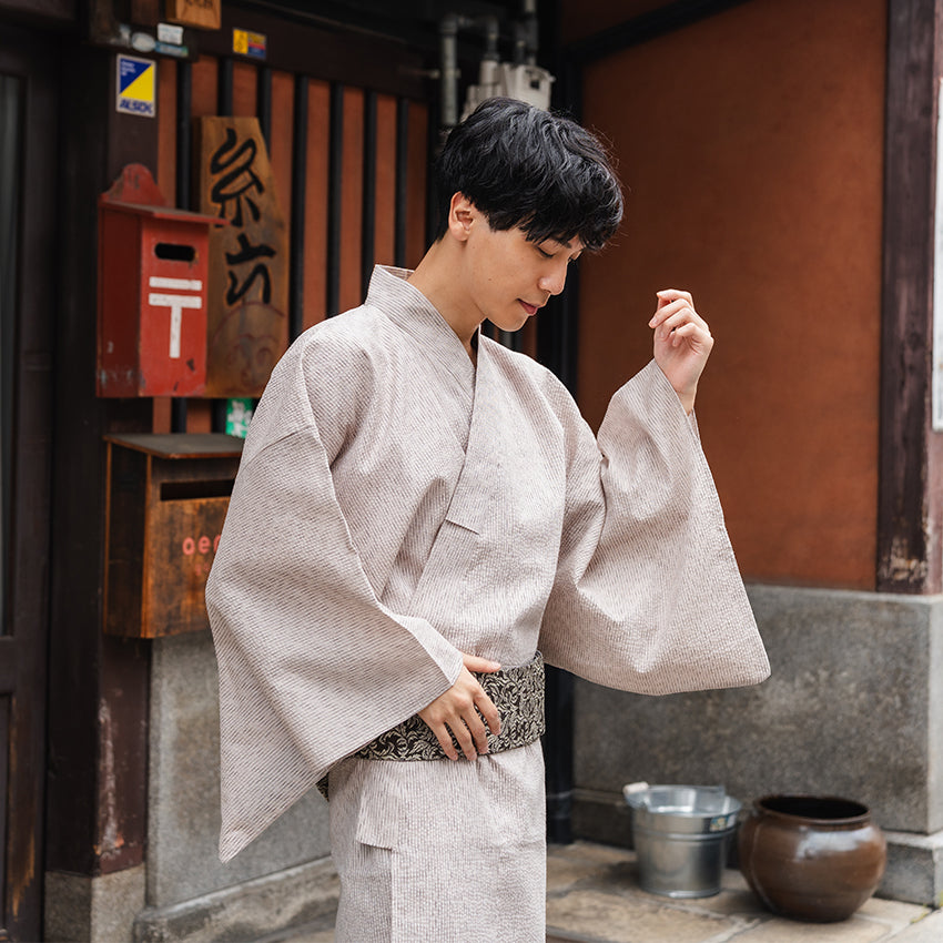 Men's Yukata Cotton & Linen : Beige with Broken Stripe Pattern Yukata