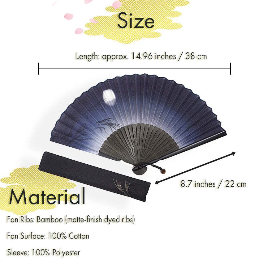 Folding Hand Fan for Men,Surface Cotton ,Bamboo Frame, Navy, pale gray gradation  base, pampas grass and hazy moon design