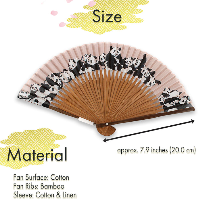 Folding Hand Fan for Lady's ,Surface Cotton, Bamboo Frame, Pink Beige base cute panda Pattern