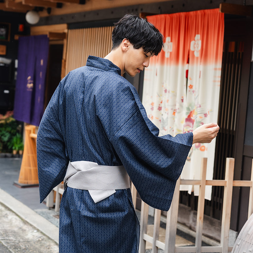 Men's Yukata Cotton : Navy with Geometric Stripes Yukata