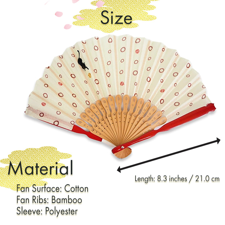 Folding Hand Fan for Lady's ,Surface Cotton, Bamboo Frame, Light Beige base with Circular Motifs and an Adorable Cat Design