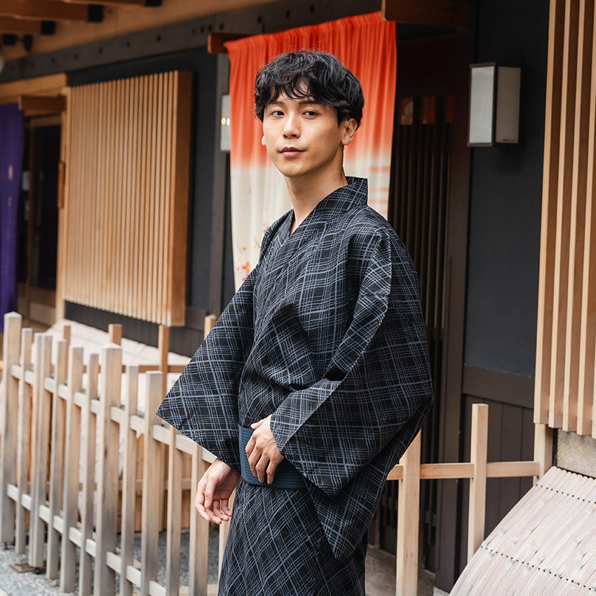 Men's Yukata Cotton : Black with Checkered Pattern Yukata