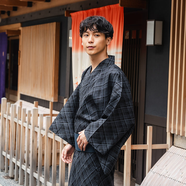 Men's Yukata Cotton : Black with Checkered Pattern Yukata