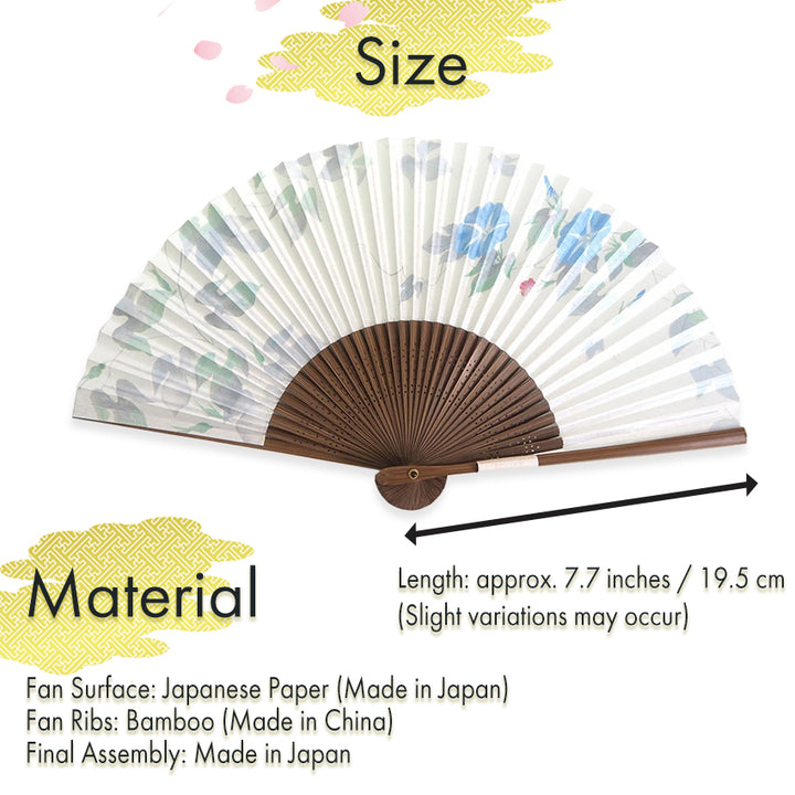 Folding Hand Fan for Lady's ,Surface Paper, Bamboo Frame, White base with Flower, Elegant Blue Morning Glories