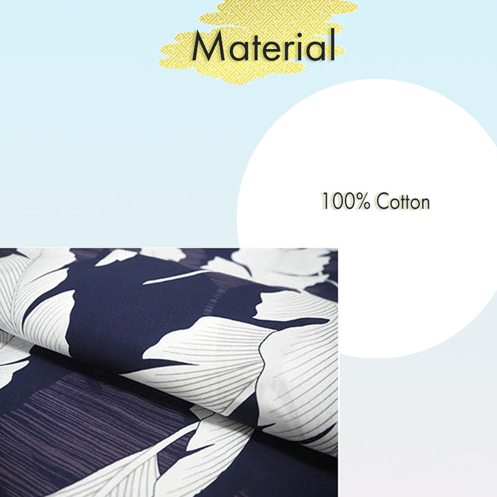 Women's Cotton Yukata, Casual Summer Kimono -Navy Base withlarge banana leaves (bashō) for a bold and tropical-inspired look.