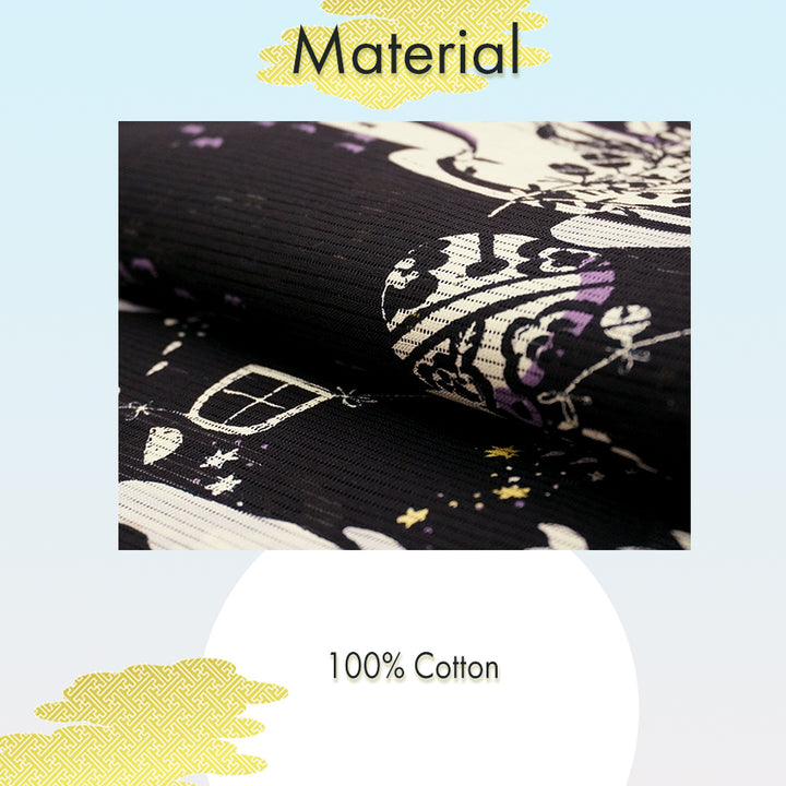 Lightweight Cotton Yukata for Women, Bold black base, Whales, waves, stars, fish and birds pattern – Inspired by Kaneko Misuzu’s Poetry, Summer Japanese Kimono Robe