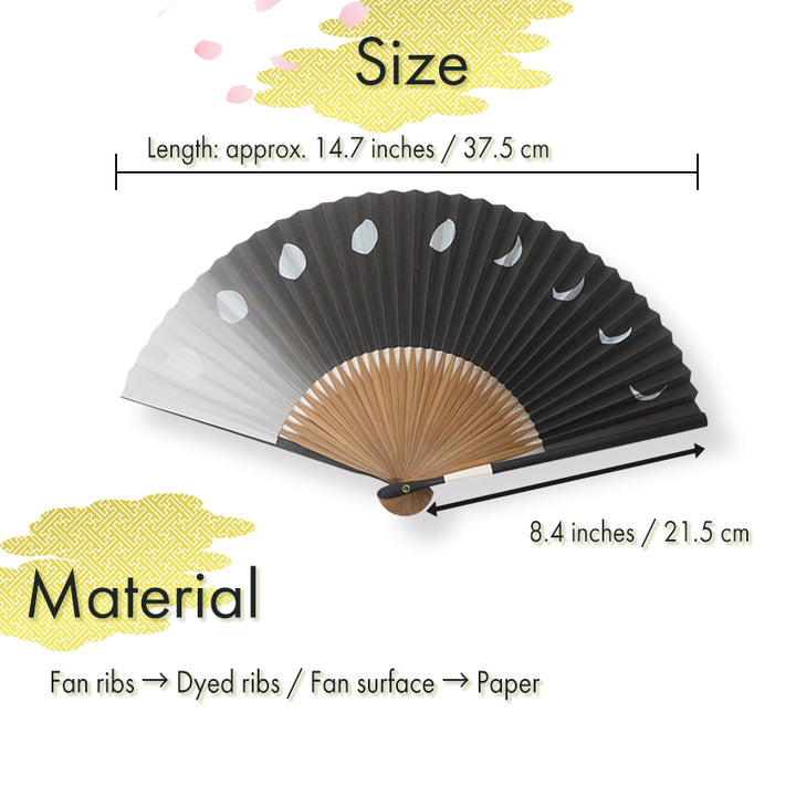 Folding Hand Fan for Men ,Surface Paper, Bamboo Frame, Black base, shimmering silver moons pattern