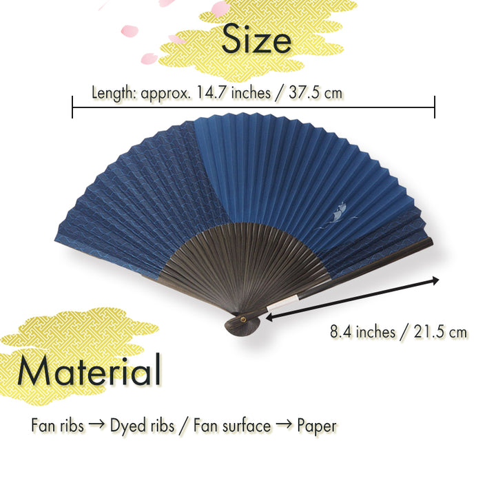 Folding Hand Fan for Men ,Surface Paper, Bamboo Frame, Navy base, A graceful sailboat rocking gently over stylized waves pattern