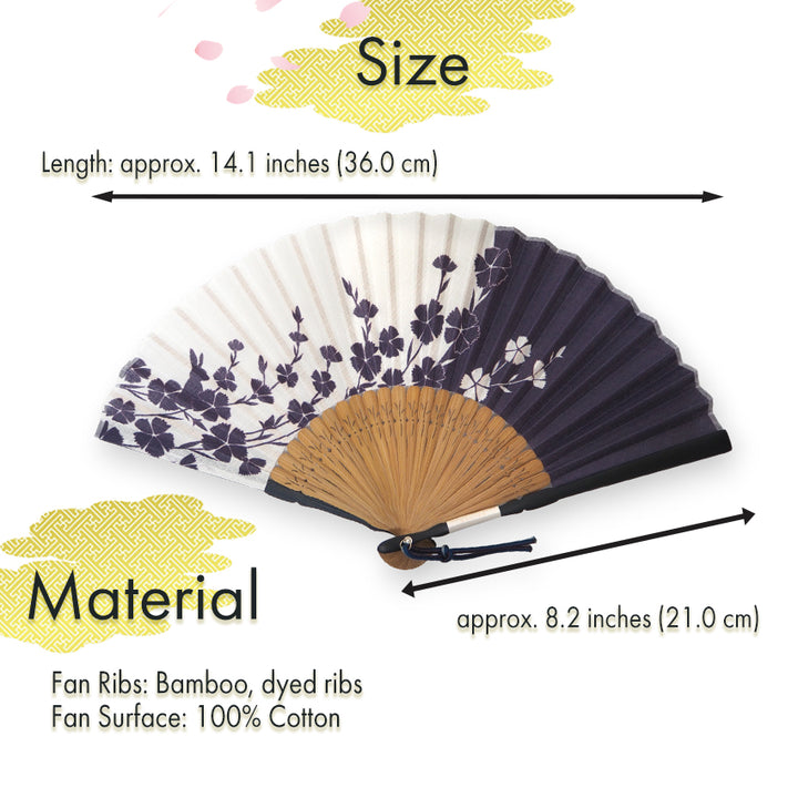 Folding Hand Fan for Lady's ,Surface Cotton, Bamboo Frame, Navy (white & deep navy with pinks and hidden rabbits, slightly sheer)