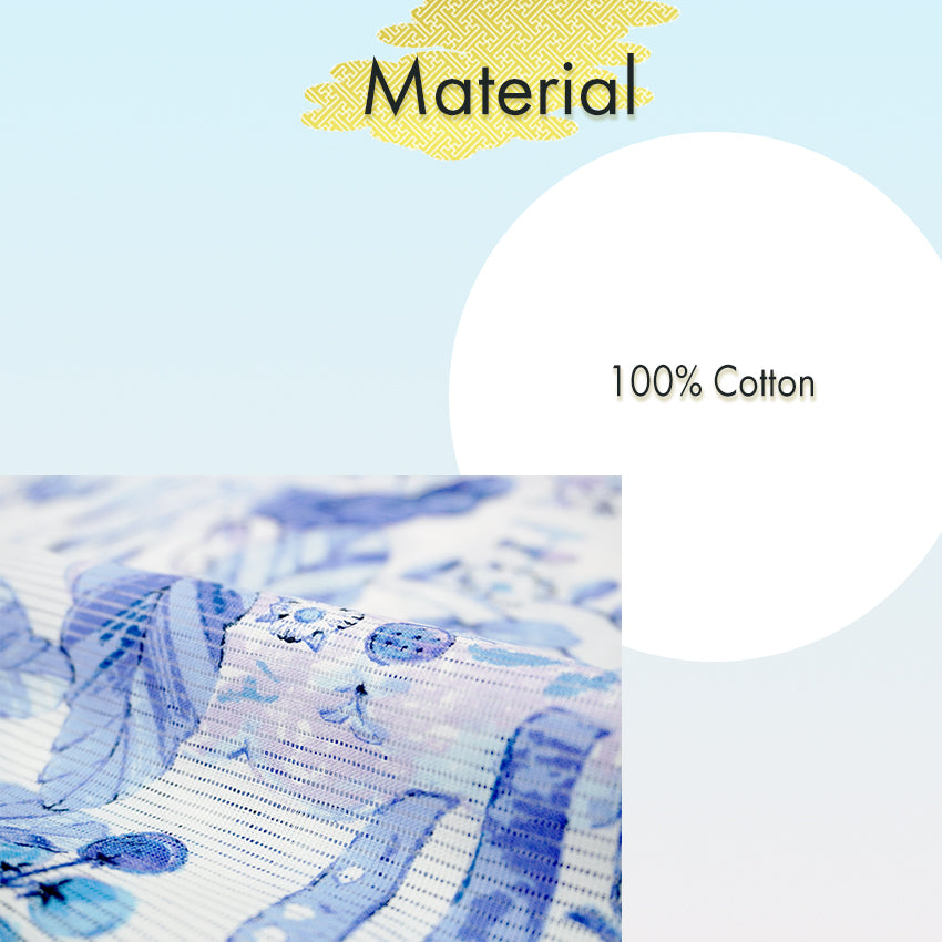 Lightweight Cotton Yukata for Women, blue base, vegetables, cats, birds pattern– Inspired by Kaneko Misuzu’s Poetry, Summer Japanese Kimono Robe