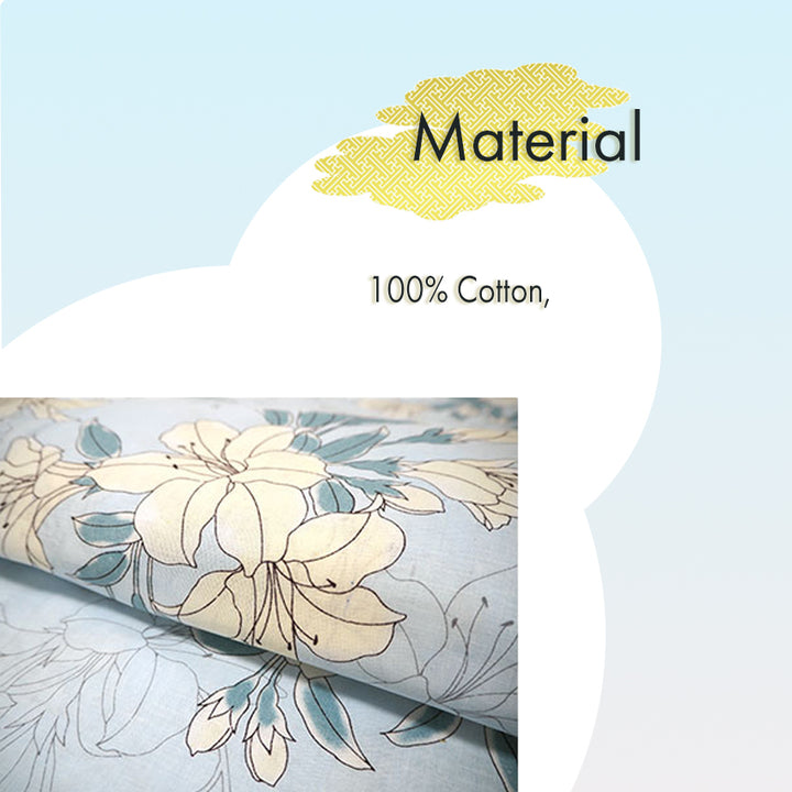 Women's Cotton Yukata, Casual Summer Kimono -Light Blue Base with Lily Pattern