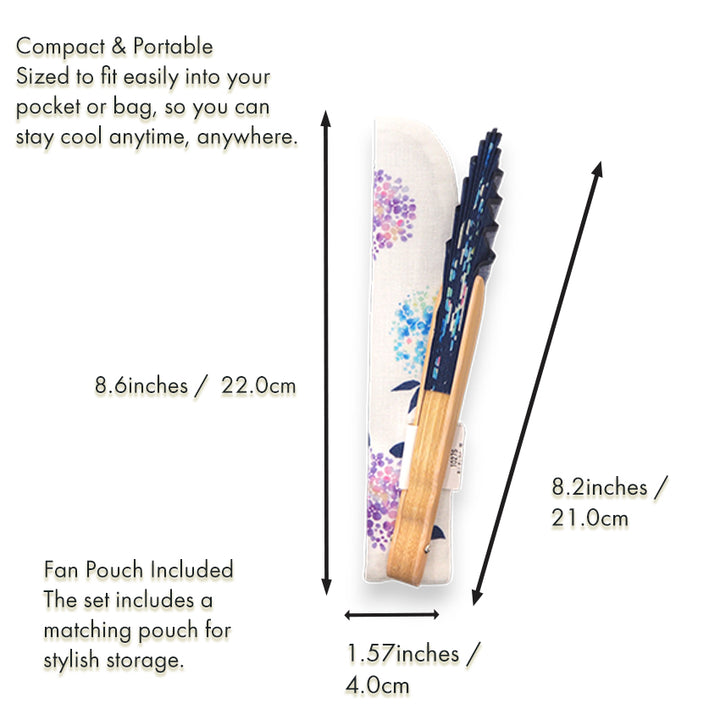 Folding Hand Fan for Lady's ,Surface Cotton, Bamboo Frame, Navy (navy background with gradations of blue, light blue, pink, and white hydrangeas)